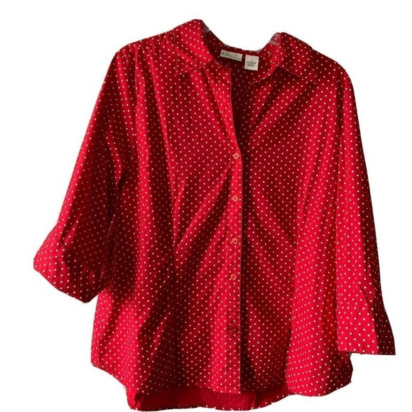 Kim Rogers Tops large red polka dot 3/4 sleeves button front - Picture 1 of 4